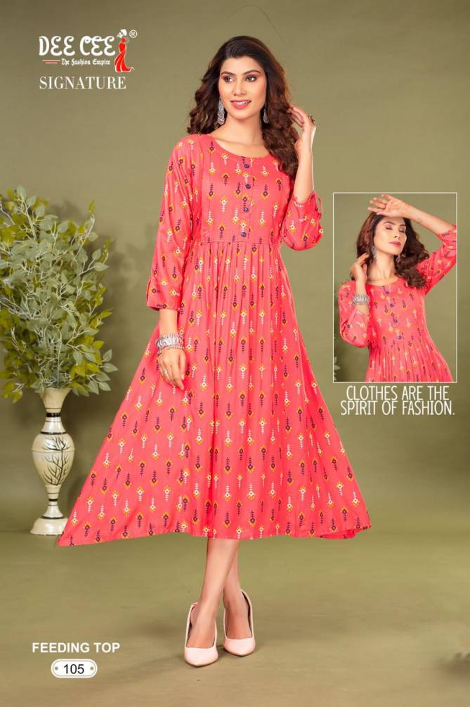 Signature By Dee Cee Rayon Printed Feeding Kurtis Wholesale Shop In Surat
